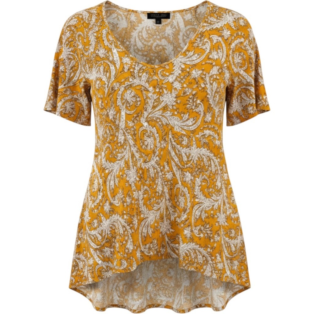 Rachel Zoe Blouse Top Womens XS Yellow White Floral Viscose V Neck‎ High Low Hem